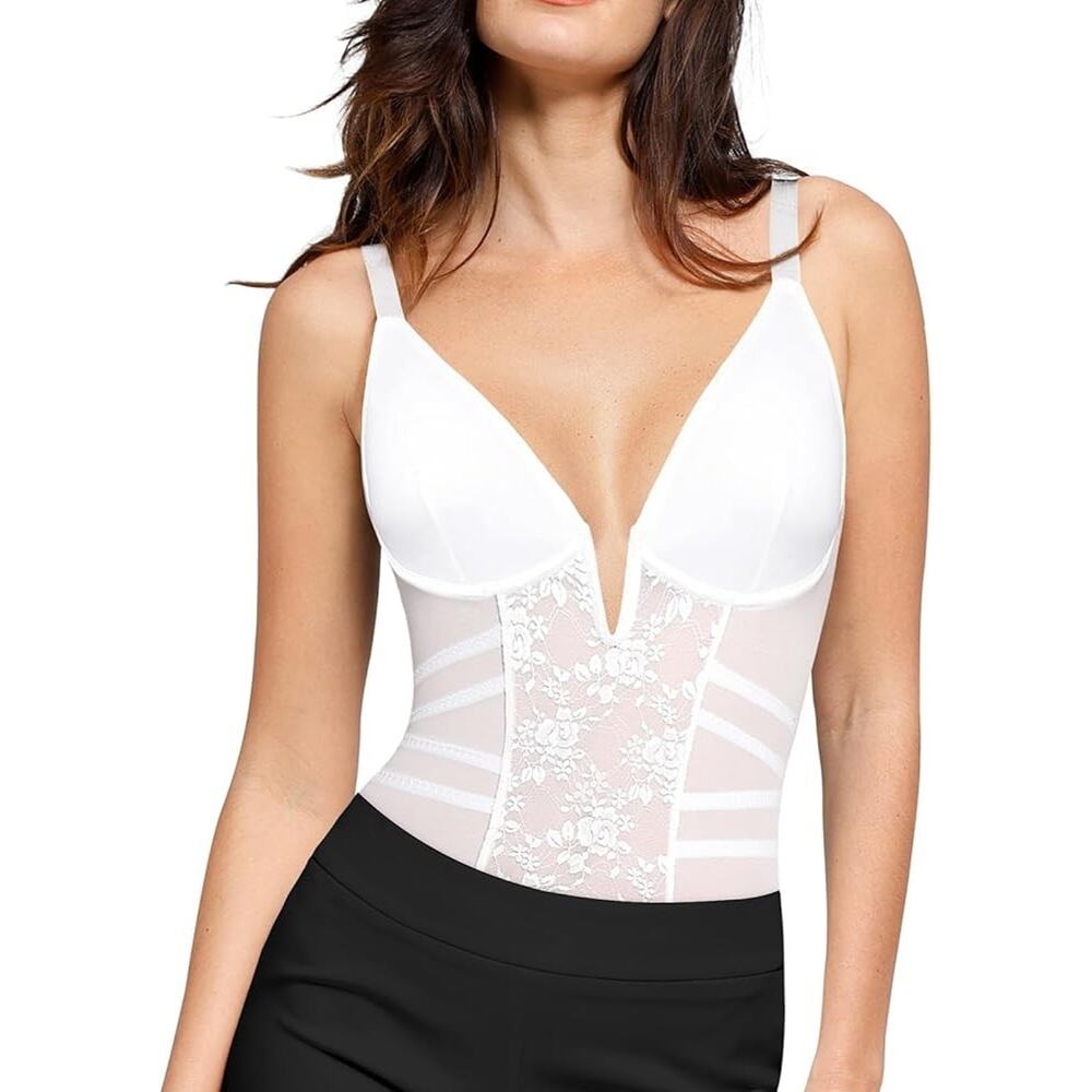 Popilush Shapewear Mesh/Lace Deep V-Neck Tummy Control Mid Tigh Bodysuit, Size M